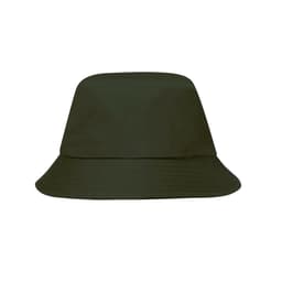 A green bucket hat with a wide brim and a simple design, featuring a logo on the side.