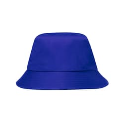 A blue bucket hat with a wide brim and a plain design. It features a logo on the side.