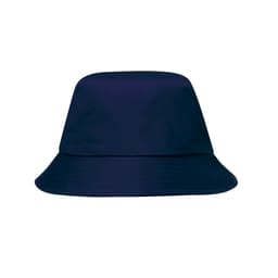A navy bucket hat featuring a wide brim and a seamless design, with a logo present on the front.