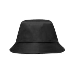 A black bucket hat featuring a wide brim and a smooth finish, complete with a logo.
