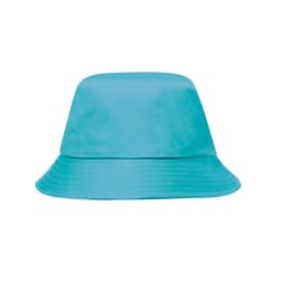A turquoise bucket hat with a wide brim and a smooth finish, featuring a logo.