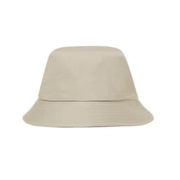 A tan bucket hat with a wide brim and a simple design, featuring a logo on the side.
