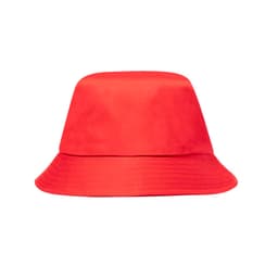 A bright red bucket hat with a wide brim and a smooth finish, featuring a logo.