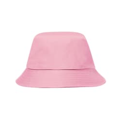 A pink bucket hat with a wide brim, featuring a logo. Soft texture and simple design.