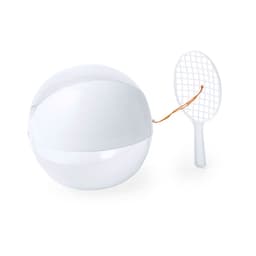 A white ball toy with a matching bat, featuring a netted design, suitable for outdoor play.