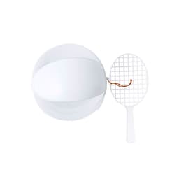 A white beach ball and a white mesh racket. The set has a simple design with a branding logo.