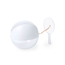 A fun white beach ball with a white paddle attached by a string, featuring a simple grid design.