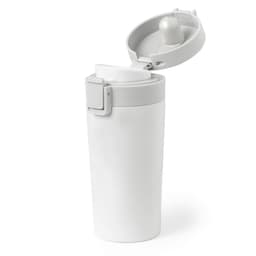 An insulated cup in white with a grey lid, featuring a hinged opening and a built-in stopper.