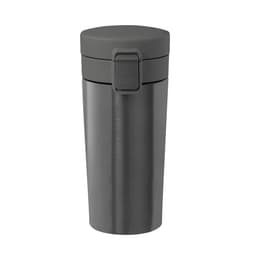A drink bottle in dark grey with a secure lid and a sleek, insulated design, featuring a logo.