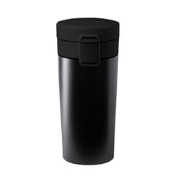 A drink bottle with a sleek black design, featuring a secure lid and a simple branding logo.