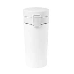 A drink bottle in white with a secure lid, featuring a branding logo. It is designed for insulation purposes.
