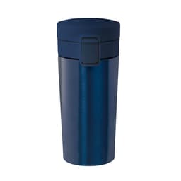 A drink bottle in navy blue with a secure lid, featuring a sleek, stainless steel design and a branding logo.
