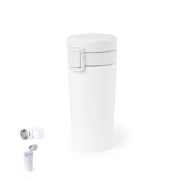 A drink bottle in white, featuring a sleek design and a removable lid, with a logo present.