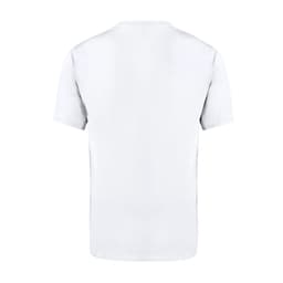 A plain adult white t-shirt with a round neck, featuring a logo on the back.