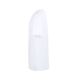 A white adult t-shirt with short sleeves, featuring a logo on the side.