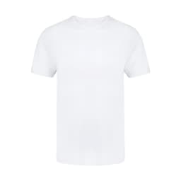 A plain white adult T-shirt with a round neckline and short sleeves, featuring a logo.
