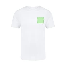 A white adult T-shirt featuring a green square patch on the front and a logo on the chest area.