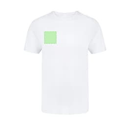 A white adult t-shirt featuring a square green patch on the left side and has a logo.