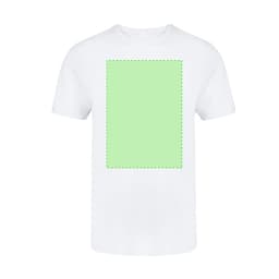 A white adult t-shirt featuring a blank green rectangle design area and a logo on the front.