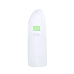 A white adult t-shirt with a blank green patch on the sleeve and a simple design.