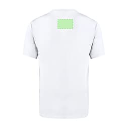 A plain adult white T-shirt with a rectangular area on the back for branding or design.