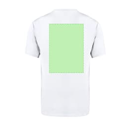 A white adult T-shirt featuring a large green rectangular area on the back, with a logo displayed.