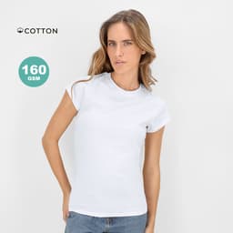 A white women's t-shirt with short sleeves, made of cotton, featuring a logo in the top corner.