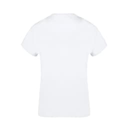 A white women's T-shirt with short sleeves and a plain back. It features a logo at the neckline.