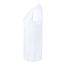 A white women's T-shirt featuring a simple design and a side view silhouette. Includes a logo.