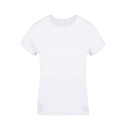 A white women's t-shirt with a classic crew neck and short sleeves, featuring a branding logo.