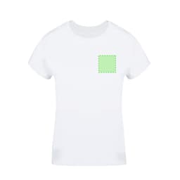 A white women's t-shirt featuring a green square outline on the front. The shirt has short sleeves and a classic fit.