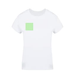 A white women's t-shirt featuring a small square design area on the front. It has a simple, classic style.