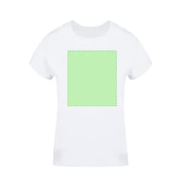 A white women's t-shirt featuring a square design area in a light green outline. The shirt has a logo on the front.