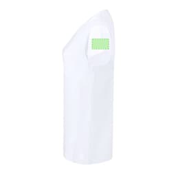 A white women's T-shirt featuring a blank patch on the sleeve for customisation.
