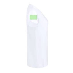 A white women's T-shirt featuring a short sleeve and a logo on the shoulder.