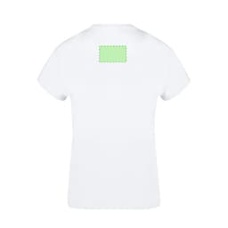 A white women's t-shirt featuring a blank space on the back for customization, with a simple design and a logo.