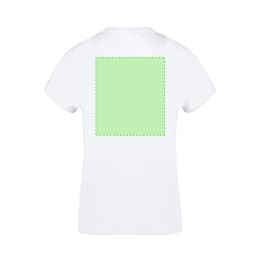 A white women's T-shirt featuring a blank green area on the back and a logo.