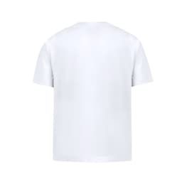 A plain white children's t-shirt with a round neck and short sleeves, featuring a small logo on the back.
