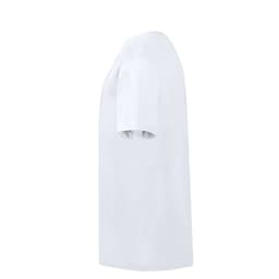 A white children's t-shirt featuring short sleeves and a round neckline, with a logo on the side.