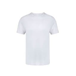 A white T-shirt with short sleeves, featuring a plain design and a logo. Ideal for casual wear.