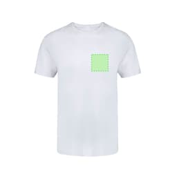 A white children's T-shirt featuring a green outlined square on the front. It has a simple design and a branding logo.
