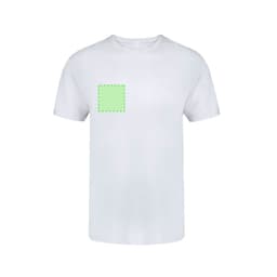 A white t-shirt with a square area outlined in green on the front. It features a logo or branding.