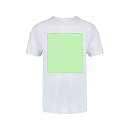A white T-shirt featuring a blank green square outline in the centre. The shirt has a logo on it.