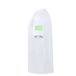 A white children's T-shirt with a green patch on the sleeve, featuring a branding logo.