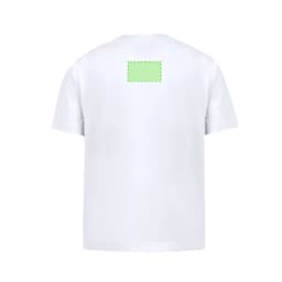 A white children's T-shirt with a blank section on the back, featuring a logo or branding area.
