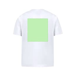 A white children's T-shirt featuring a green square on the back and a logo.