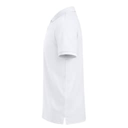A white polo shirt with short sleeves, featuring a collar and a logo. It is displayed from the side.