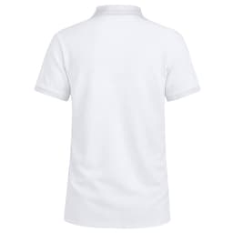 A white polo shirt with a collar and short sleeves, featuring a branding logo.
