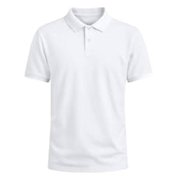 A white polo shirt featuring a collar and three buttons, with a branded logo.