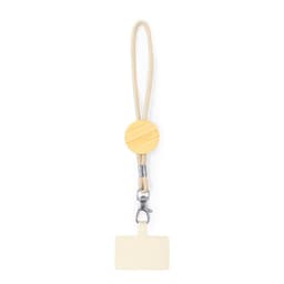 A lanyard with a wooden attachment and a blank ID holder. It features a clip for easy fastening.